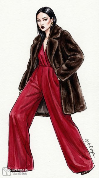 Яркая иллюстрация моды: девушка в красном комбинезоне и стильной прической. Изображение из нейронной сети NanoBanana