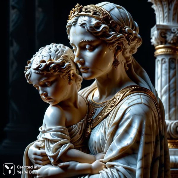 Вечная красота: мраморная статуя матери и ребенка в стиле классической фотографии. Изображение из нейросети Стейбл Дифьюжн