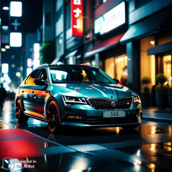 Черная Skoda Octavia в неоновом свете Токио: кинематографичный кадр ночного города и роскошный автомобиль. Генерация из нейросети Stable Diffusion