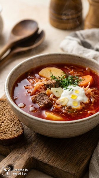 Насыщенный борщ с говядиной и сметаной: традиционный украинский рецепт в деталях. Картинка из нейросети Nano Banana