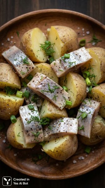 Простая русская классика: картофель с селедкой и зеленью на деревянной тарелке. Нейронная сеть Nano Banana