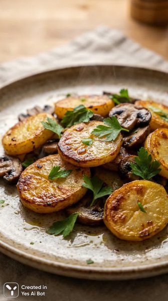 Золотистые картофельные слайсы с дикими грибами и свежей зеленью. Нейросеть Nano Banana