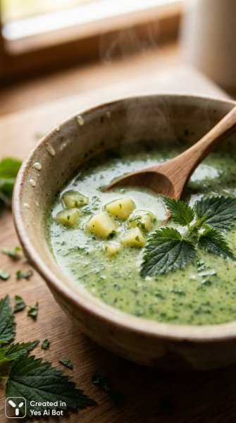 Изумительный српный суп из крапивы: домашний уют и польза в каждом глотке. Нейросеть NanoBanana