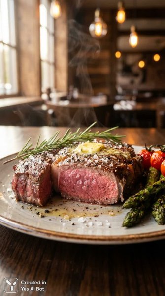 Сочный стейк с розмарином и спаржей: кулинарный шедевр в ресторане. Изображение из нейросети Нано Банана