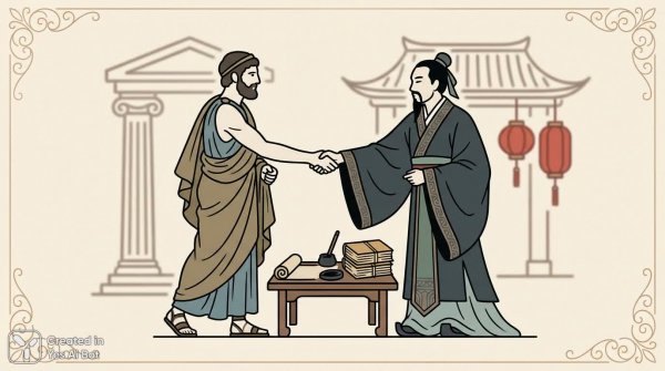 Встреча мудрости: Греция и Китай в гармонии веков. Изображение из нейросети Nano Banana