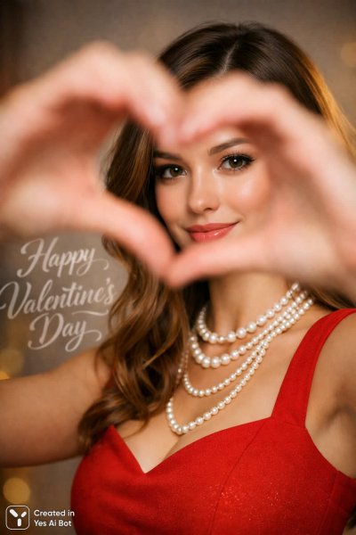 Изысканная красота: Валентинская феерия в красном платье с жемчугом. Картинка из нейронной сети Sora Images