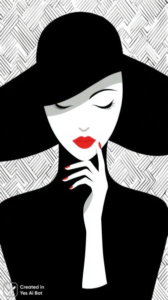 Красная помада и черный широкополый головной убор: минималистичный портрет с акцентом на губах. Генерация из нейросети Миджорни