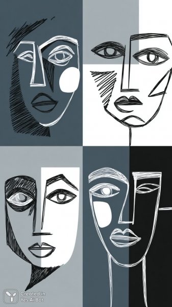 Четыре лица в стиле минималистичного графического рисунка маркером. Картинка из нейросети Midjourney