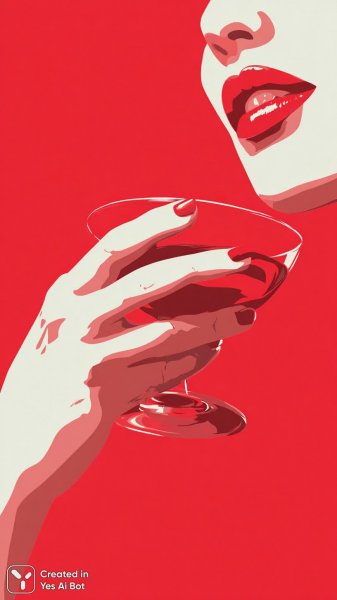 Яркие губы и коктейль: минималистичная поп-арт иллюстрация в красных тонах. Изображение из нейросети Миджорни