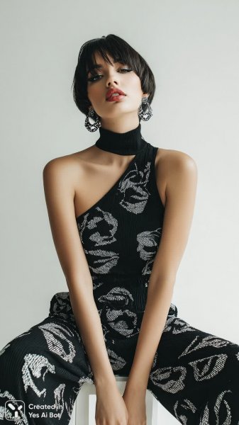 Элегантный образ: стильный комбинезон с асимметрией и ярким принтом лица. Генерация из нейронной сети Миджорни