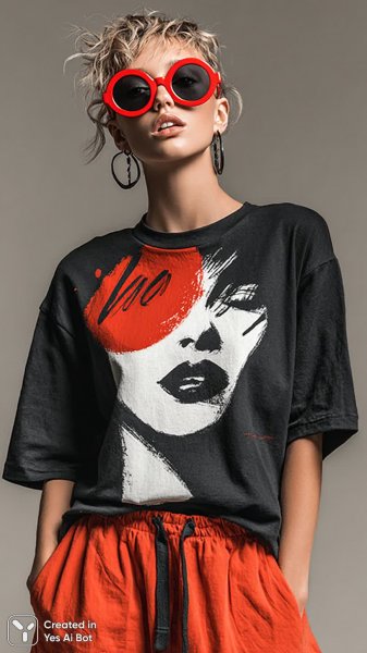 Городская элегантность: минимализм и яркие акценты в образе современной модели. Изображение из нейронной сети Midjourney