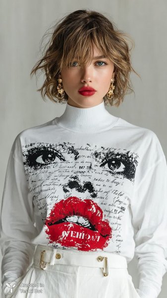 Выразительный взгляд и стиль: современная мода в белом топе с ярким принтом. Нейросеть Midjourney