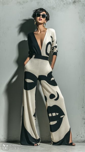 Модный образ: женщина в черном комбинезоне и ярком поп-арт рисунке лица. Нейросеть Midjourney