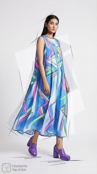 Неоновая геометрия: стильный образ в летнем платье с абстрактным принтом и фиолетовыми туфлями. Генерация из нейросети Нано Банана
