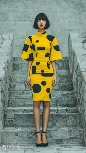 Яркий образ в абстрактном платье и элегантных каблуках на однотонном фоне. Генерация из нейронной сети Миджорни