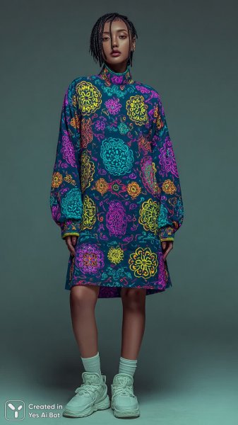 Нарядный силуэт: платье миди с цветочным принтом в темно-синем цвете и белые туфли на фоне серого градиента. Нейросеть Midjourney