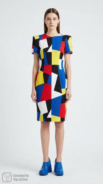 Яркий образ с абстрактными фигурами и голубыми туфельками на белом фоне. Изображение из нейронной сети NanoBanana