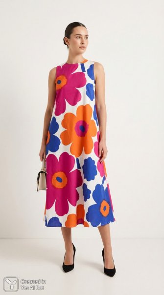 Яркое платье с цветочным принтом в минималистичном стиле. Изображение из нейросети NanoBanana