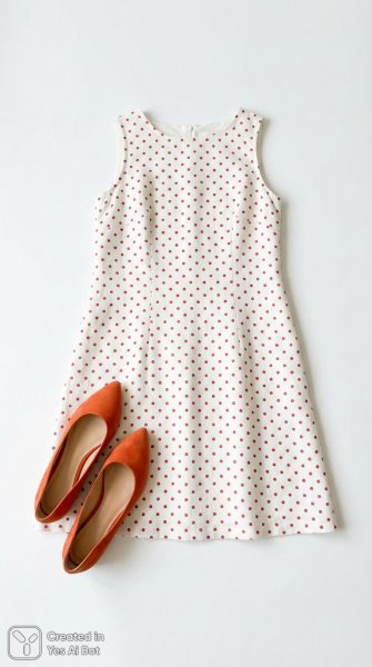 Модный лук: мини-платье с красными точками на белой основе и оранжевые туфли в стиле флэт лей. Картинка из нейросети Nano Banana