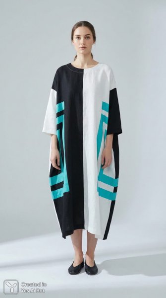 Полосатое платье с яркими деталями и геометрией. Генерация из нейронной сети NanoBanana