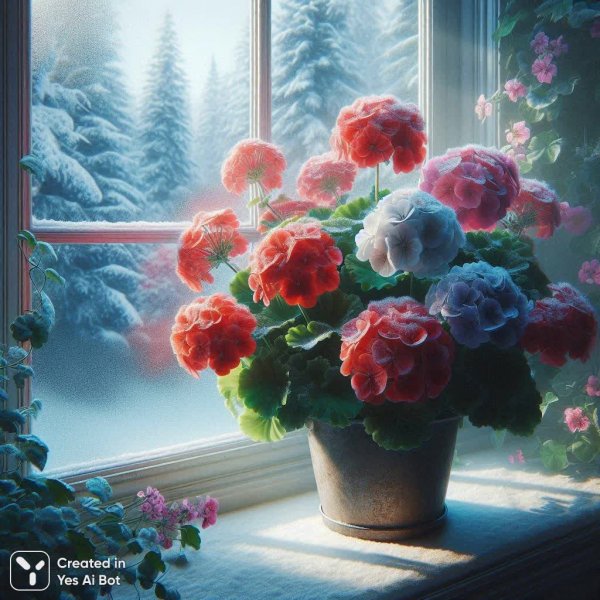 Зимнее утро и герань на окне: нежность в морозный день. Изображение из нейронной сети Dalle