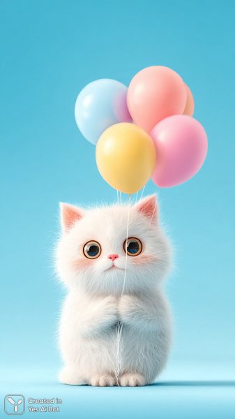 Милый котенок с воздушным шариком на лугу под ярким солнцем. Изображение из нейронной сети Миджорни