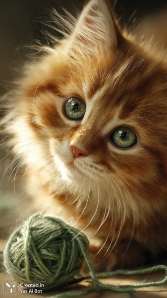 Пушистый котенок имбиря с изумрудными глазами и клубком ниток в уютной гостиной. Генерация из нейронной сети Миджорни