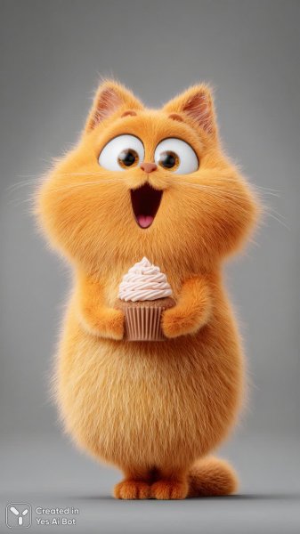 Удивленный котенок с кексом: милый мультяшный персонаж в 3D графике. Генерация из нейронной сети Midjourney