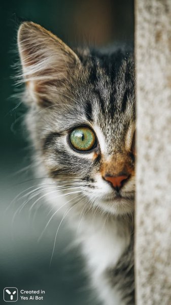 Забавный котенок с большими глазами и мягкой шерстью выглядывает из-за стены. Изображение из нейросети Миджорни