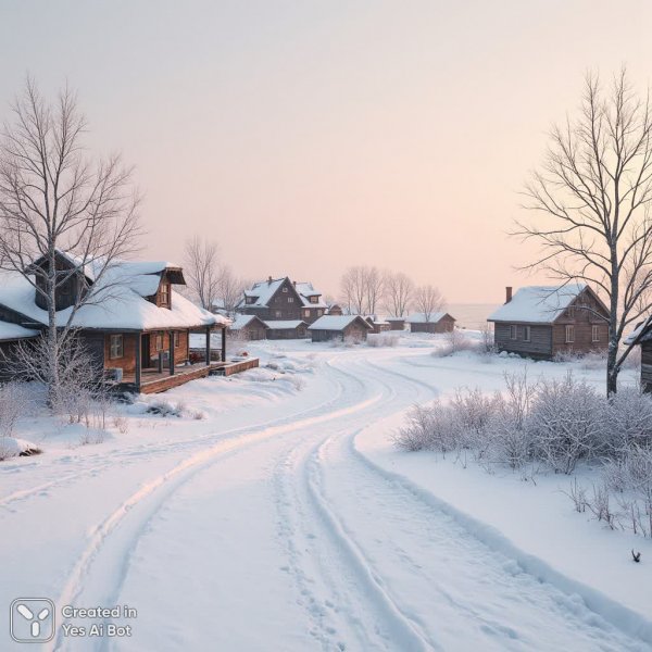 Зимнее утро в заснеженной деревне: тишина и спокойствие русской зимы. Нейросеть Flux Ai