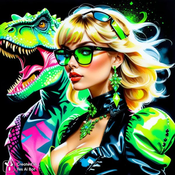 Яркий портрет с динозавром в неоновых тонах и блестках. Нейросеть Stable Diffusion