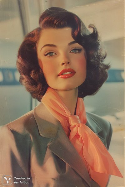 Ретро авиация: очаровательная стюардесса в винтажном стиле. Нейронная сеть Midjourney