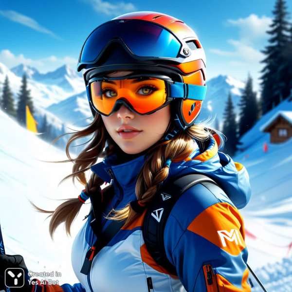 Зимнее приключение: восхитительная девушка на горных лыжах в ярких красках. Генерация из нейросети Stable Diffusion
