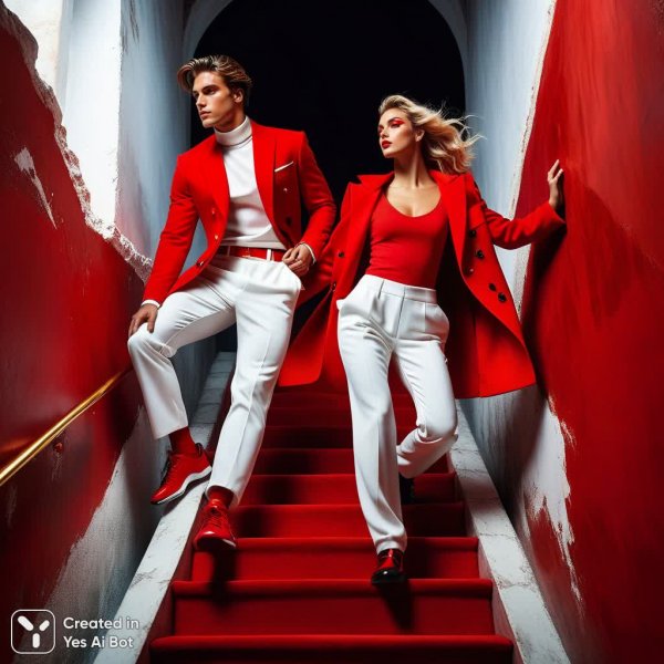 Ступенчатый взлет в красном: новая обложка Vogue в стиле сюрреализма. Изображение из нейронной сети Stable Diffusion