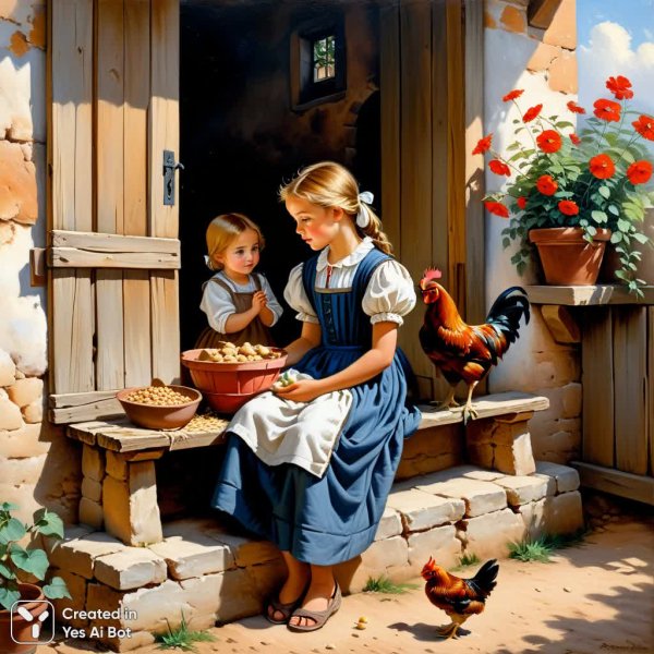 Детство в деревенской идиллии: картина маслом с девочкой и мальчиком у дома. Картинка из нейронной сети Stable Diffusion