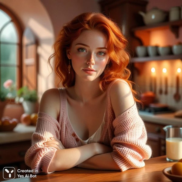 Девушка на кухне: утреннее спокойствие и нежная красота в 8k разрешении. Картинка из нейронной сети Стейбл Дифьюжен