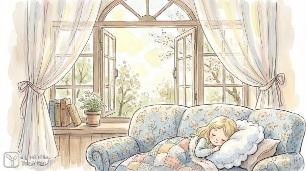 Светлая акварель: девочка спит в весенней комнате у окна с солнцем. Нейронная сеть Nano Banana