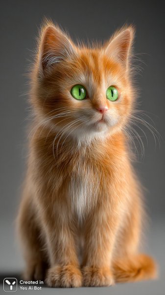 Милый рыжий котенок с большими зелеными глазами и пушистой шерсткой. Нейронная сеть Midjourney