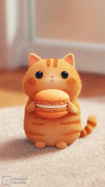 Милый котик с макаруном в уютной винтажной гостиной. Изображение из нейросети Миджорни