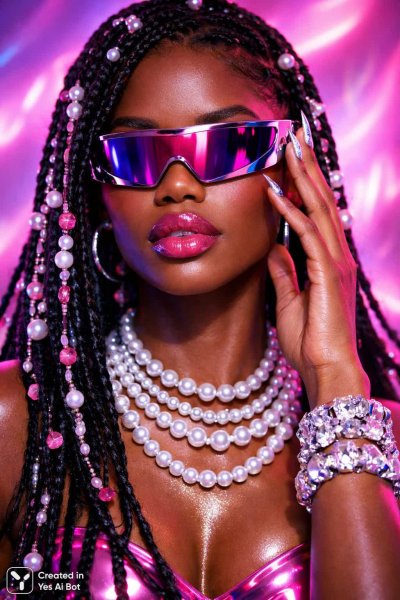 Неоновый шик: портрет в стиле киберглам с афрокосичками и хромом. Нейронная сеть Sora