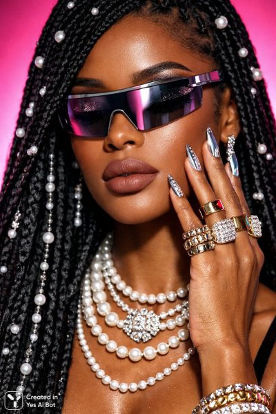 Яркий образ: жемчуг и глиттер в модной фотографии с неоновым фоном. Картинка из нейронной сети Sora Ai Images