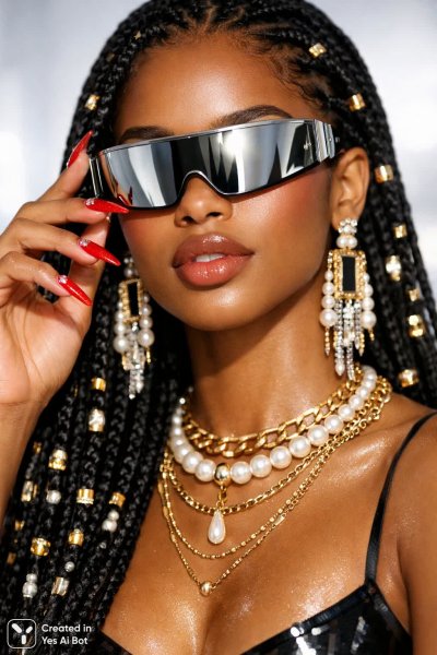 Яркая мода: портрет девушки с афрокосичками и сверкающими деталями в студии. Изображение из нейронной сети Sora Ai Images