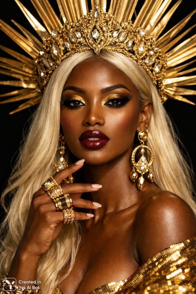 Роскошный образ: золото, вино и сияние темной кожи. Нейросеть Sora Image