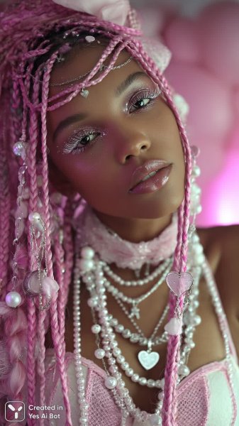 Розовое сияние: фантазийный портрет девушки с косичками и жемчугом. Изображение из нейронной сети Midjourney