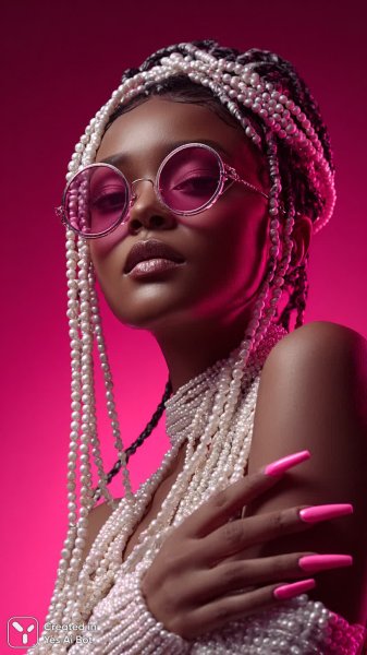 Волшебная красотка с жемчужными косами и неоновым фоном. Нейросеть Midjourney