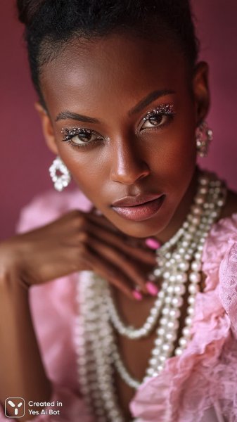 Эффектный образ с розовыми ногтями и сверкающим макияжем. Изображение из нейросети Midjourney