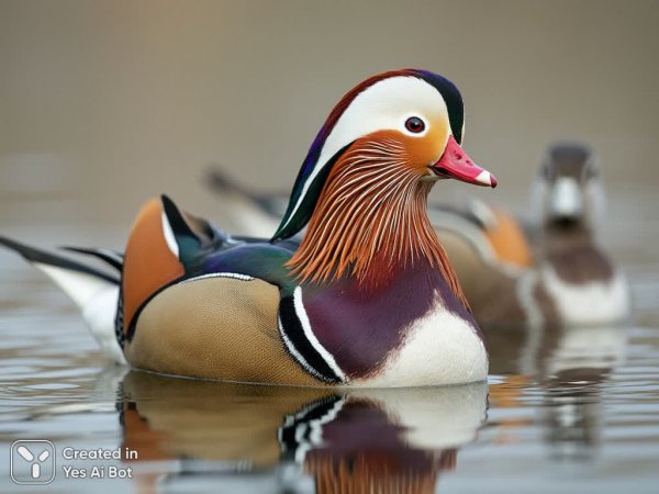 Пышное великолепие мандариновой пары на тихой воде. Картинка из нейросети Flux 1