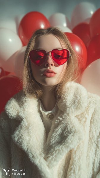 Девушка в красных очках и белом пальто среди шаров. Нейронная сеть Миджорни