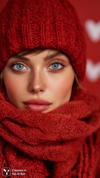 Девушка с голубыми глазами в красном вязаном головном уборе и шарфе, стильный портрет. Генерация из нейронной сети Midjourney