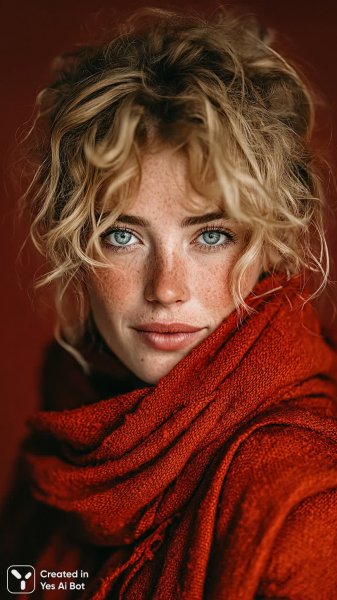 Девушка с волнистыми волосами и красным шарфом: мягкий свет и романтика в деталях. Картинка из нейросети Midjourney